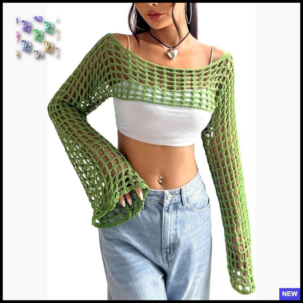 Hollow Out Crochet Crop Top Y2K Flounce Long Sleeve Knit Pullover Sweater